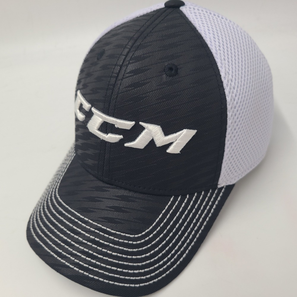 CCM Hat Fitted (Seems M-L) Trucker Mesh Black White Hockey Sport Brand Logo Men